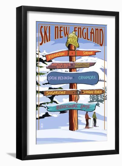 New England - Ski Areas Sign Destinations-Lantern Press-Framed Art Print