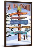 New England - Ski Areas Sign Destinations-Lantern Press-Framed Art Print