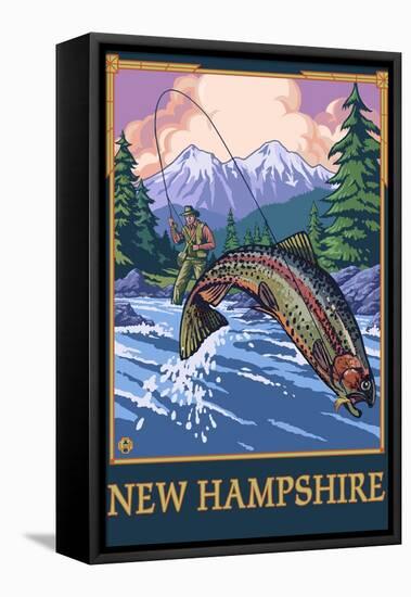 New Hampshire - Angler Fisherman Scene-Lantern Press-Framed Stretched Canvas