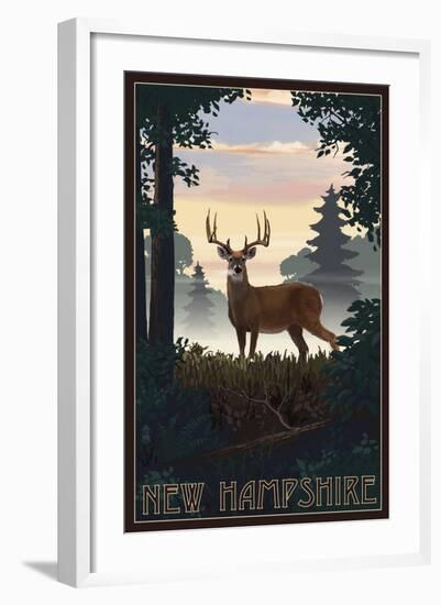 New Hampshire - Deer and Sunrise-Lantern Press-Framed Art Print