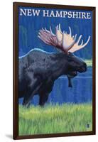 New Hampshire - Moose in the Moonlight-Lantern Press-Framed Art Print