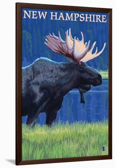 New Hampshire - Moose in the Moonlight-Lantern Press-Framed Art Print