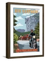 New Hampshire - Motorcycle Scene and Old Man of the Mountain-Lantern Press-Framed Art Print