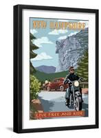 New Hampshire - Motorcycle Scene and Old Man of the Mountain-Lantern Press-Framed Art Print
