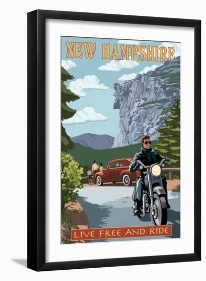 New Hampshire - Motorcycle Scene and Old Man of the Mountain-Lantern Press-Framed Art Print