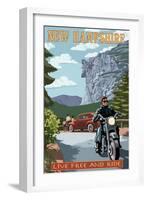 New Hampshire - Motorcycle Scene and Old Man of the Mountain-Lantern Press-Framed Art Print