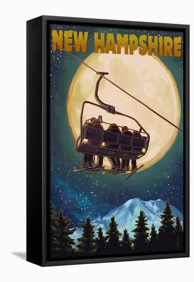 New Hampshire - Ski Lift and Full Moon-Lantern Press-Framed Stretched Canvas