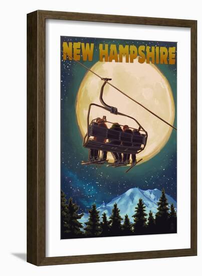 New Hampshire - Ski Lift and Full Moon-Lantern Press-Framed Art Print