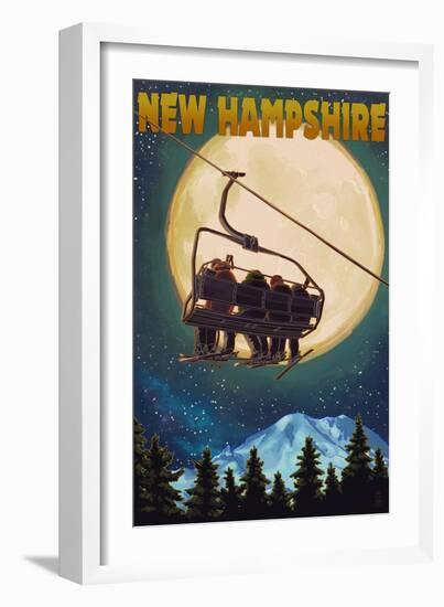 New Hampshire - Ski Lift and Full Moon-Lantern Press-Framed Art Print