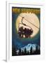 New Hampshire - Ski Lift and Full Moon-Lantern Press-Framed Art Print
