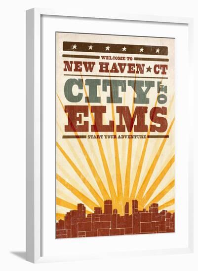New Haven, Connecticut - Skyline and Sunburst Screenprint Style-Lantern Press-Framed Art Print