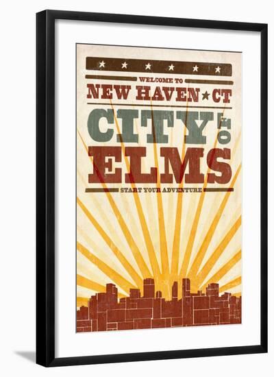 New Haven, Connecticut - Skyline and Sunburst Screenprint Style-Lantern Press-Framed Art Print