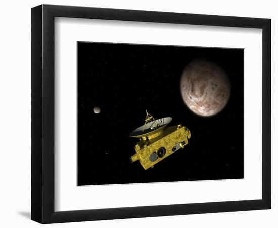 New Horizons Spacecraft over Dwarf Planet Pluto and its Moon Charon-Stocktrek Images-Framed Art Print