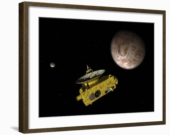 New Horizons Spacecraft over Dwarf Planet Pluto and its Moon Charon-Stocktrek Images-Framed Art Print