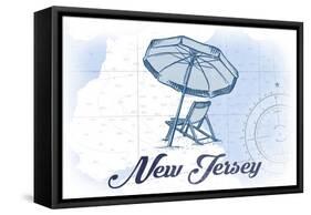 New Jersey - Beach Chair and Umbrella - Blue - Coastal Icon-Lantern Press-Framed Stretched Canvas