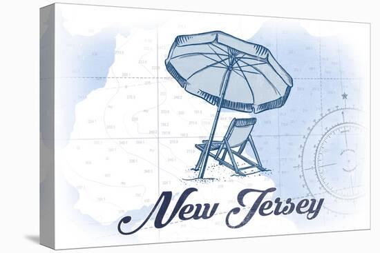 New Jersey - Beach Chair and Umbrella - Blue - Coastal Icon-Lantern Press-Stretched Canvas