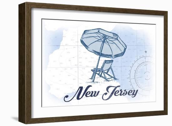 New Jersey - Beach Chair and Umbrella - Blue - Coastal Icon-Lantern Press-Framed Art Print