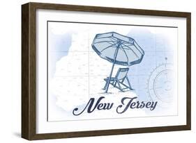 New Jersey - Beach Chair and Umbrella - Blue - Coastal Icon-Lantern Press-Framed Art Print