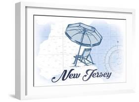 New Jersey - Beach Chair and Umbrella - Blue - Coastal Icon-Lantern Press-Framed Art Print