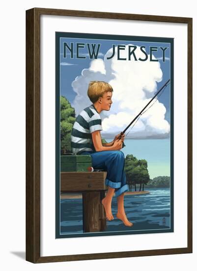 New Jersey - Boy Fishing-Lantern Press-Framed Art Print