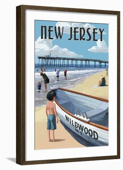 New Jersey - Lifeboat and Pier-Lantern Press-Framed Art Print