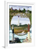 New Jersey - Lighthouse Montage Scenes-Lantern Press-Framed Art Print