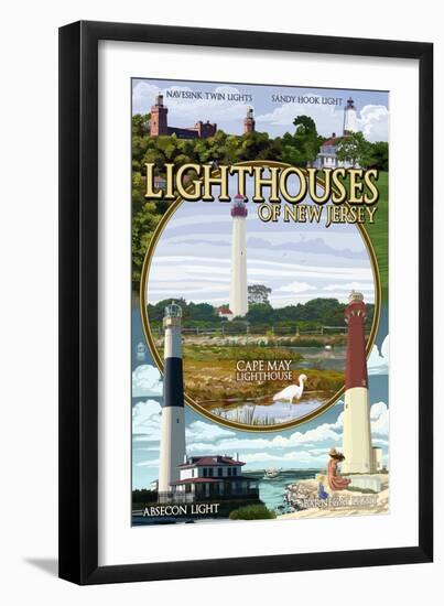 New Jersey - Lighthouse Montage Scenes-Lantern Press-Framed Art Print