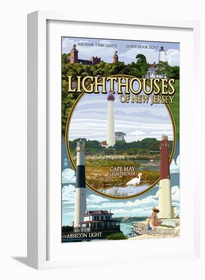 New Jersey - Lighthouse Montage Scenes-Lantern Press-Framed Art Print