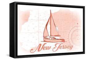 New Jersey - Sailboat - Coral - Coastal Icon-Lantern Press-Framed Stretched Canvas