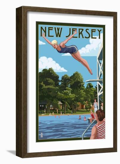 New Jersey - Woman Diving and Lake-Lantern Press-Framed Art Print