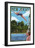 New Jersey - Woman Diving and Lake-Lantern Press-Framed Art Print