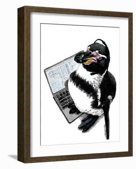 New Job Penguin on White, 2020, (Pen and Ink)-Mike Davis-Framed Giclee Print