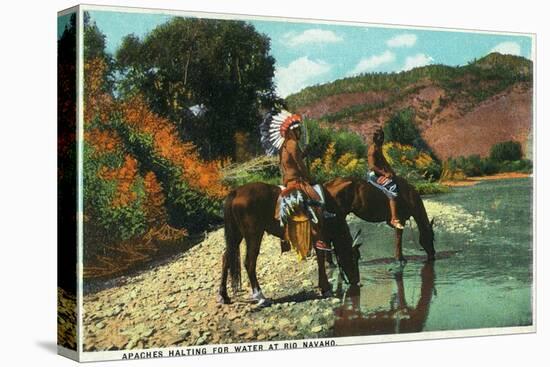 New Mexico - Apache Natives on Horseback Stop for Water at Rio Navajo-Lantern Press-Stretched Canvas