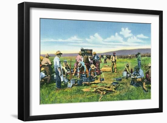 New Mexico, Cowboys at the Chuck Wagon on the Roundup-Lantern Press-Framed Art Print