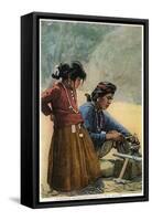 New Mexico - Navajo Silversmith Working with Daughter-Lantern Press-Framed Stretched Canvas