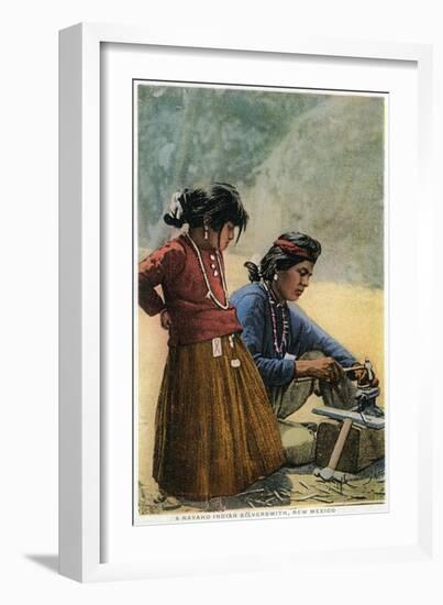 New Mexico - Navajo Silversmith Working with Daughter-Lantern Press-Framed Art Print