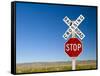 New Mexico, Route 66, Near Montoya, Railroad Crossing and Sign, USA-Alan Copson-Framed Stretched Canvas