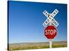 New Mexico, Route 66, Near Montoya, Railroad Crossing and Sign, USA-Alan Copson-Stretched Canvas