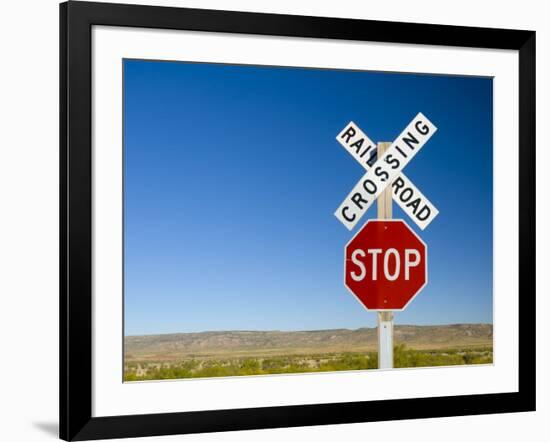 New Mexico, Route 66, Near Montoya, Railroad Crossing and Sign, USA-Alan Copson-Framed Photographic Print