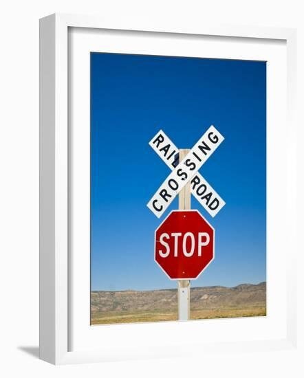 New Mexico, Route 66, Near Montoya, Railroad Crossing and Sign, USA-Alan Copson-Framed Photographic Print