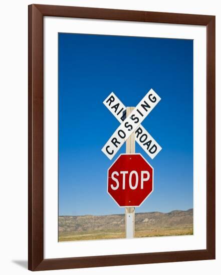 New Mexico, Route 66, Near Montoya, Railroad Crossing and Sign, USA-Alan Copson-Framed Photographic Print