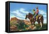 New Mexico, Two Cowboys on Horseback, One Pointing-Lantern Press-Framed Stretched Canvas