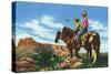 New Mexico, Two Cowboys on Horseback, One Pointing-Lantern Press-Stretched Canvas