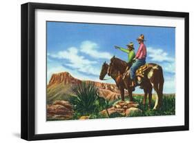 New Mexico, Two Cowboys on Horseback, One Pointing-Lantern Press-Framed Art Print