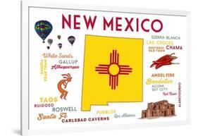 New Mexico - Typography and Icons-Lantern Press-Framed Art Print