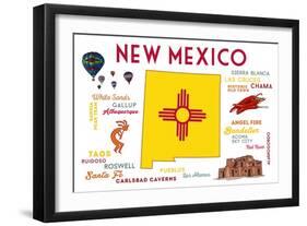 New Mexico - Typography and Icons-Lantern Press-Framed Art Print