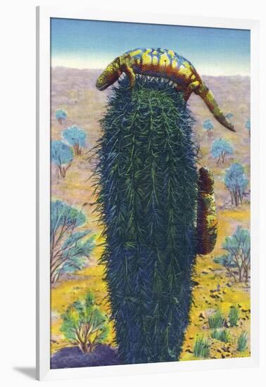 New Mexico - View of Gila Monsters on Cactus-Lantern Press-Framed Art Print