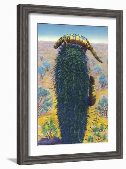 New Mexico - View of Gila Monsters on Cactus-Lantern Press-Framed Art Print