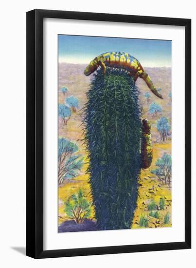 New Mexico - View of Gila Monsters on Cactus-Lantern Press-Framed Art Print