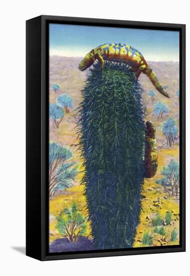 New Mexico - View of Gila Monsters on Cactus-Lantern Press-Framed Stretched Canvas